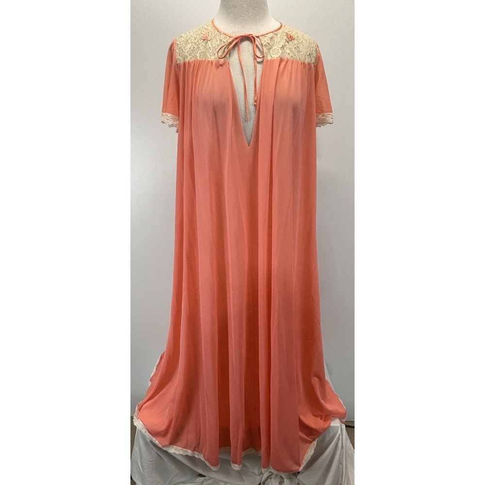 Vtg Lucie Ann Nylon Nightgown Sz Large Women's Coral Lace Trim 70s Long